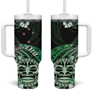 Aotearoa Kia Ora New Zealand Ta Moko Green Custom Stanley Quencher 40oz Stainless Steel Tumbler With Handle - Threewoofs