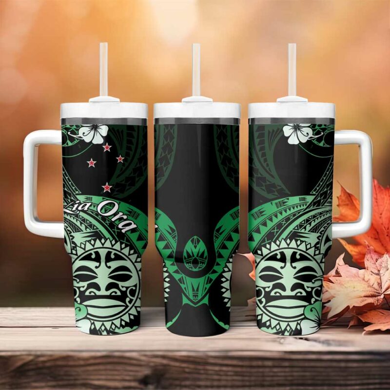 Aotearoa Kia Ora New Zealand Ta Moko Green Custom Stanley Quencher 40oz Stainless Steel Tumbler With Handle - Threewoofs - Image 4