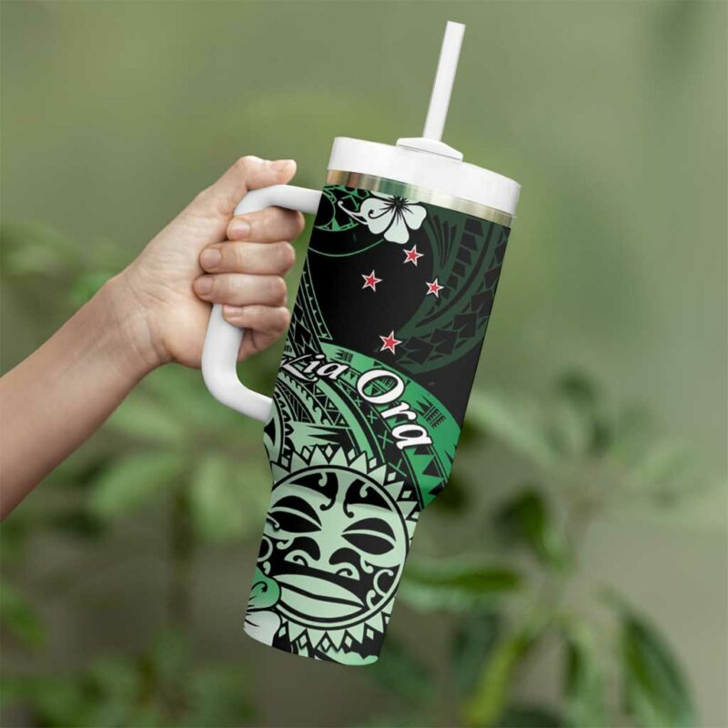 Aotearoa Kia Ora New Zealand Ta Moko Green Custom Stanley Quencher 40oz Stainless Steel Tumbler With Handle - Threewoofs - Image 3