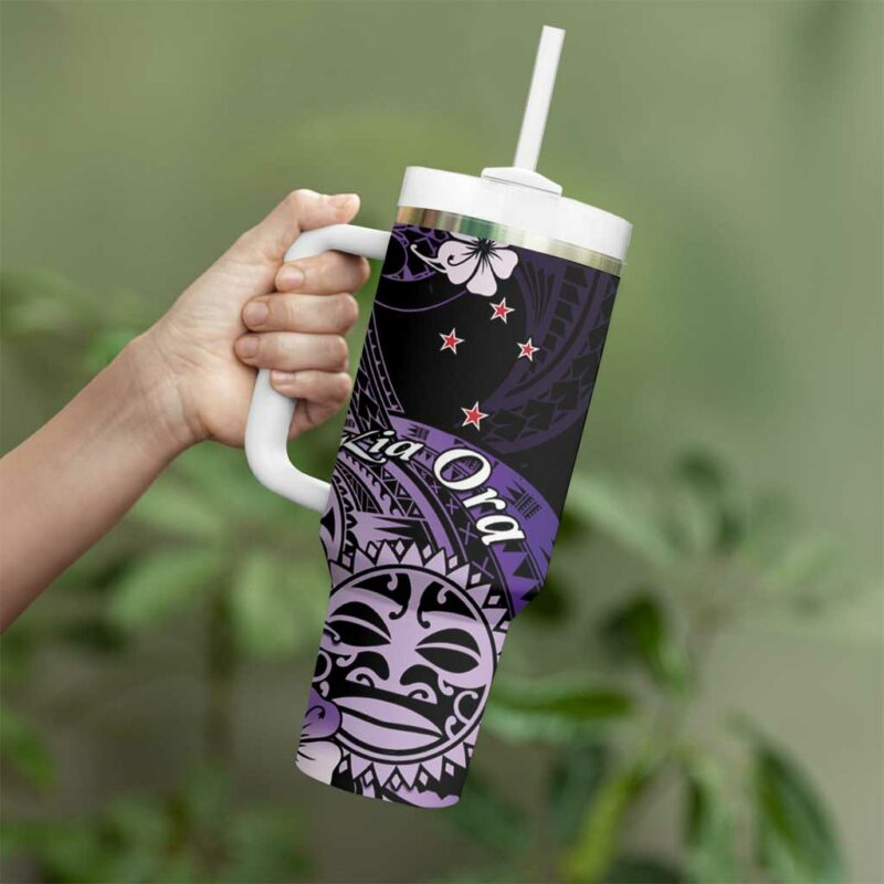 Aotearoa Kia Ora New Zealand Ta Moko Purple Custom Stanley Quencher 40oz Stainless Steel Tumbler With Handle - Threewoofs - Image 3