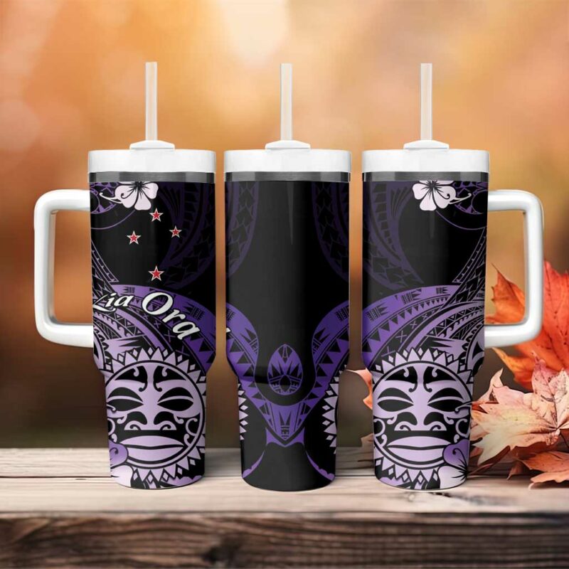 Aotearoa Kia Ora New Zealand Ta Moko Purple Custom Stanley Quencher 40oz Stainless Steel Tumbler With Handle - Threewoofs - Image 4