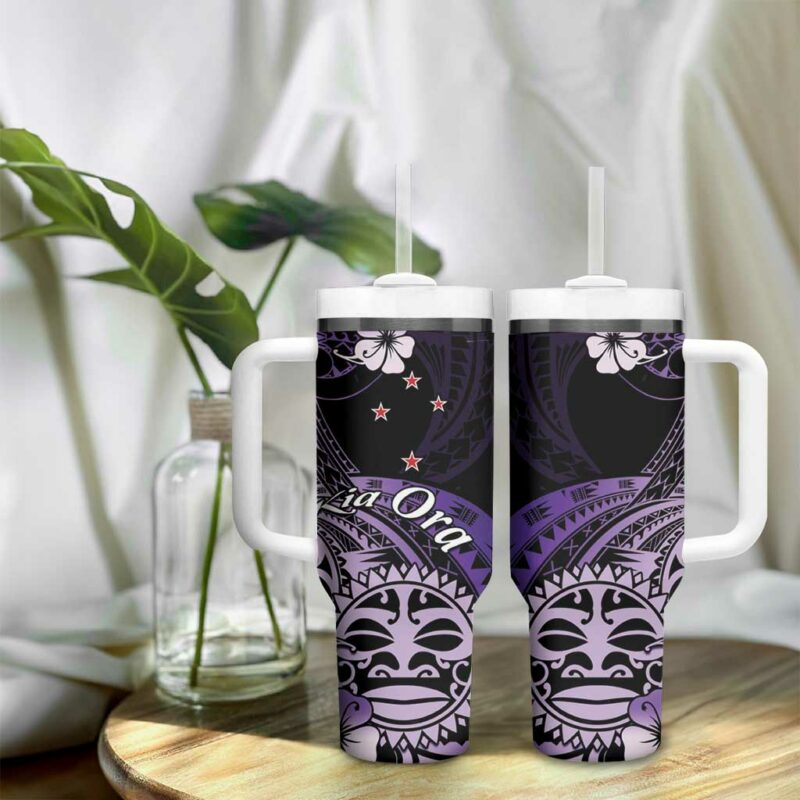 Aotearoa Kia Ora New Zealand Ta Moko Purple Custom Stanley Quencher 40oz Stainless Steel Tumbler With Handle - Threewoofs - Image 9