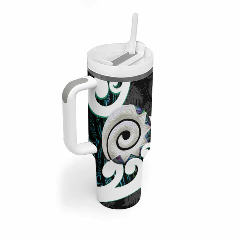 Aotearoa Koru Cyan Maori Paua Shell Mix Silver Fern Custom Stanley Quencher 40oz Stainless Steel Tumbler With Handle - Threewoofs - Image 2