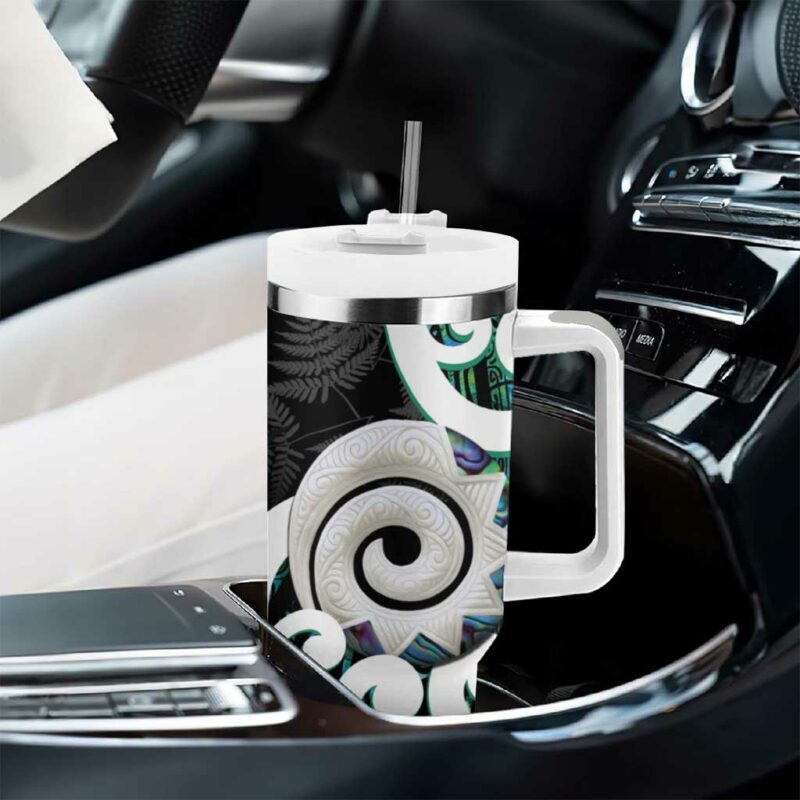 Aotearoa Koru Cyan Maori Paua Shell Mix Silver Fern Custom Stanley Quencher 40oz Stainless Steel Tumbler With Handle - Threewoofs - Image 8