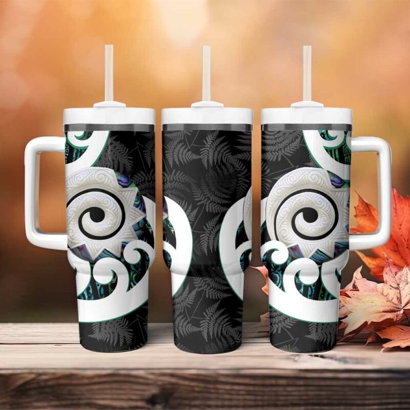 Aotearoa Koru Cyan Maori Paua Shell Mix Silver Fern Custom Stanley Quencher 40oz Stainless Steel Tumbler With Handle - Threewoofs - Image 4