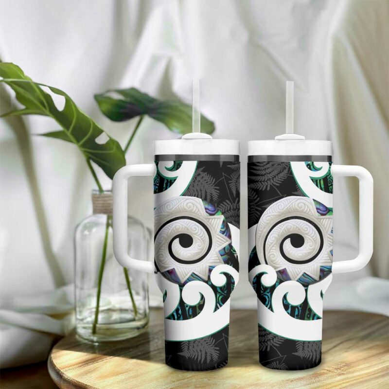 Aotearoa Koru Cyan Maori Paua Shell Mix Silver Fern Custom Stanley Quencher 40oz Stainless Steel Tumbler With Handle - Threewoofs - Image 9