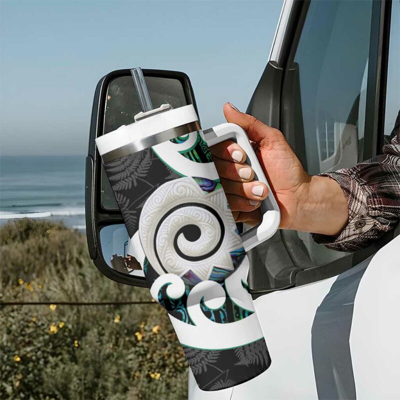 Aotearoa Koru Cyan Maori Paua Shell Mix Silver Fern Custom Stanley Quencher 40oz Stainless Steel Tumbler With Handle - Threewoofs - Image 7