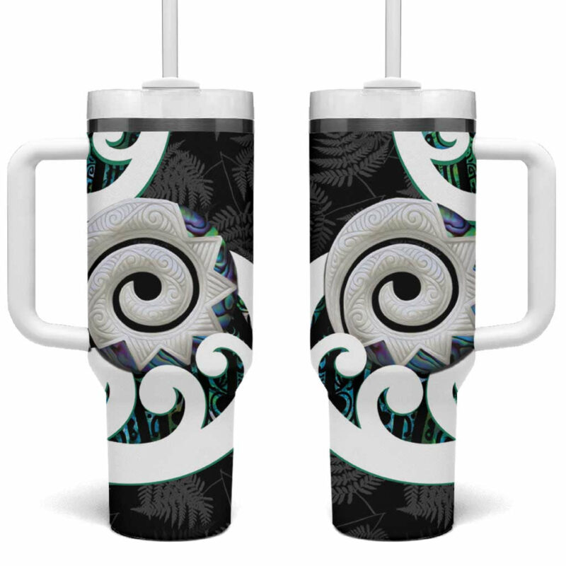 Aotearoa Koru Cyan Maori Paua Shell Mix Silver Fern Custom Stanley Quencher 40oz Stainless Steel Tumbler With Handle - Threewoofs