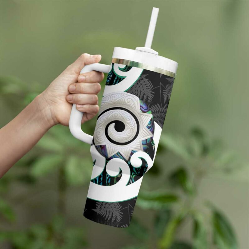 Aotearoa Koru Cyan Maori Paua Shell Mix Silver Fern Custom Stanley Quencher 40oz Stainless Steel Tumbler With Handle - Threewoofs - Image 3