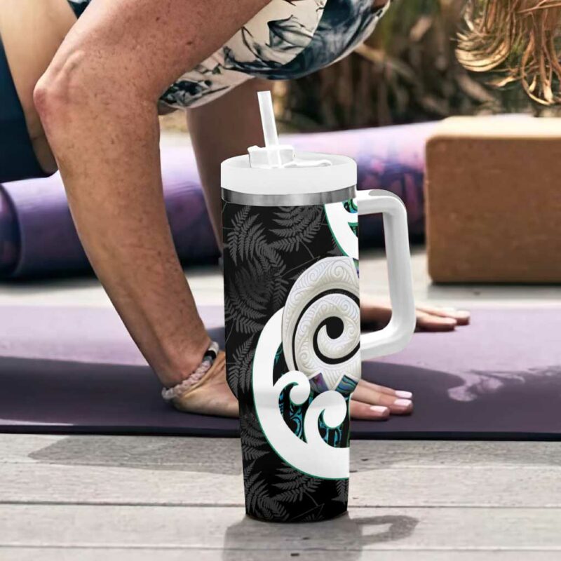 Aotearoa Koru Cyan Maori Paua Shell Mix Silver Fern Custom Stanley Quencher 40oz Stainless Steel Tumbler With Handle - Threewoofs - Image 6