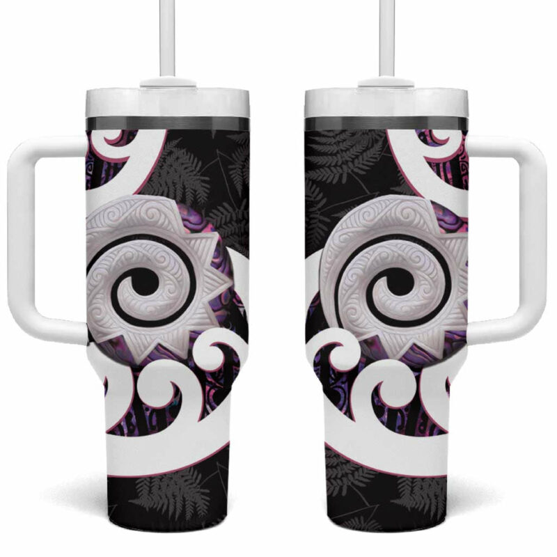 Aotearoa Koru Purple Maori Paua Shell Mix Silver Fern Custom Stanley Quencher 40oz Stainless Steel Tumbler With Handle - Threewoofs