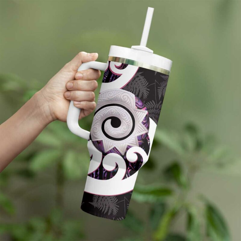 Aotearoa Koru Purple Maori Paua Shell Mix Silver Fern Custom Stanley Quencher 40oz Stainless Steel Tumbler With Handle - Threewoofs - Image 3