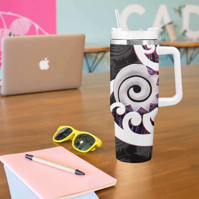 Aotearoa Koru Purple Maori Paua Shell Mix Silver Fern Custom Stanley Quencher 40oz Stainless Steel Tumbler With Handle - Threewoofs - Image 5