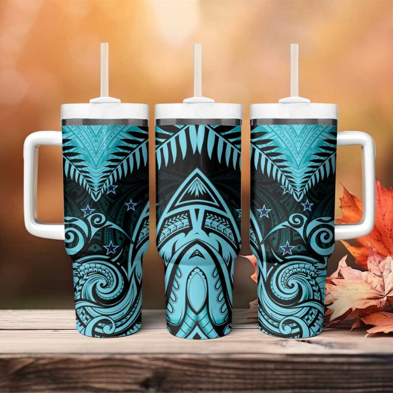 Aotearoa Maori Kiwi Turquoise Fern Custom Stanley Quencher 40oz Stainless Steel Tumbler With Handle - Threewoofs - Image 4