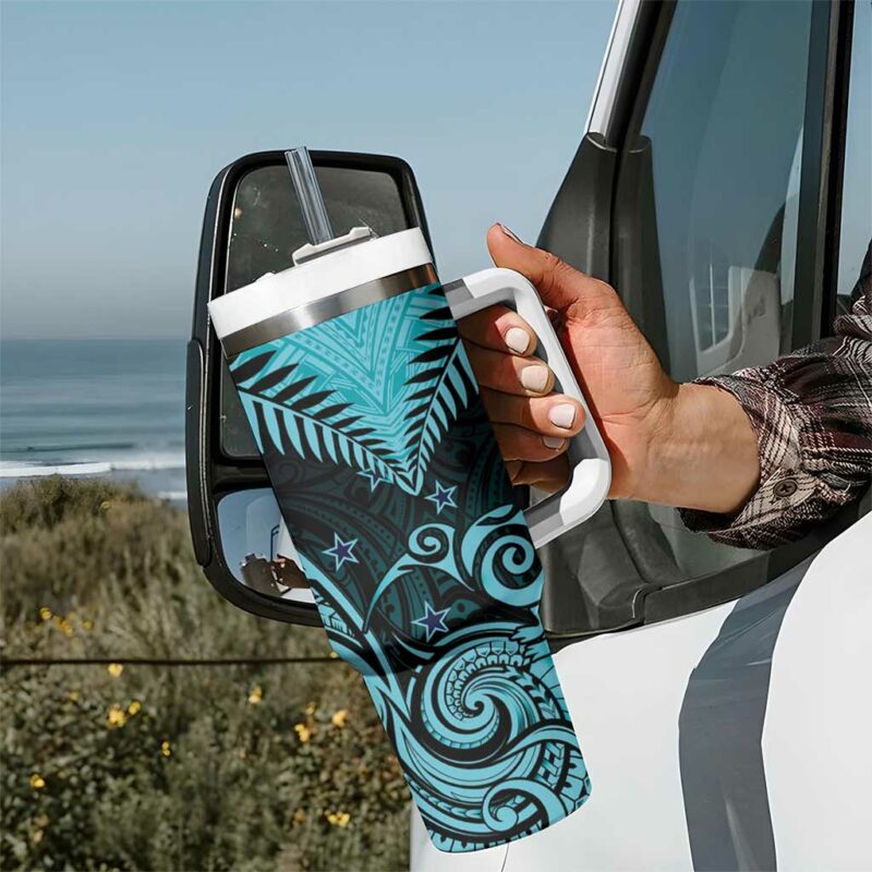 Aotearoa Maori Kiwi Turquoise Fern Custom Stanley Quencher 40oz Stainless Steel Tumbler With Handle - Threewoofs - Image 7