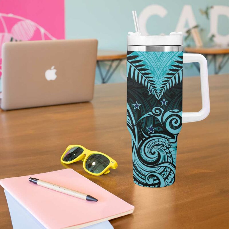 Aotearoa Maori Kiwi Turquoise Fern Custom Stanley Quencher 40oz Stainless Steel Tumbler With Handle - Threewoofs - Image 5