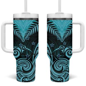 Aotearoa Maori Kiwi Turquoise Fern Custom Stanley Quencher 40oz Stainless Steel Tumbler With Handle - Threewoofs