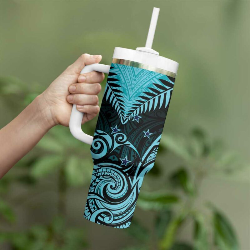 Aotearoa Maori Kiwi Turquoise Fern Custom Stanley Quencher 40oz Stainless Steel Tumbler With Handle - Threewoofs - Image 3