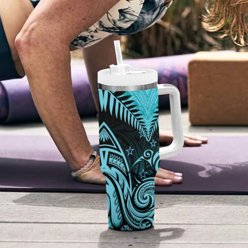 Aotearoa Maori Kiwi Turquoise Fern Custom Stanley Quencher 40oz Stainless Steel Tumbler With Handle - Threewoofs - Image 6
