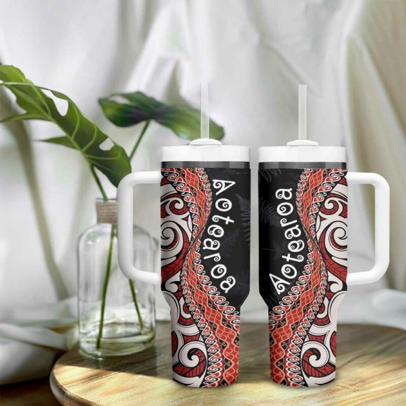 Aotearoa Maori Stylized Koru Silver Ferns Custom Stanley Quencher 40oz Stainless Steel Tumbler With Handle - Threewoofs - Image 9