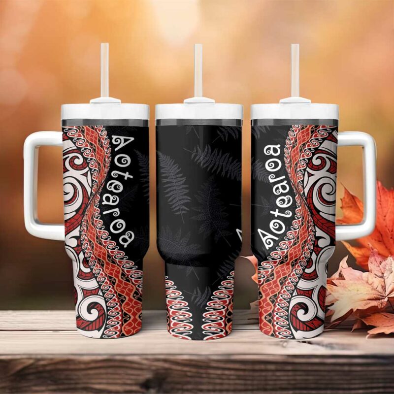 Aotearoa Maori Stylized Koru Silver Ferns Custom Stanley Quencher 40oz Stainless Steel Tumbler With Handle - Threewoofs - Image 4