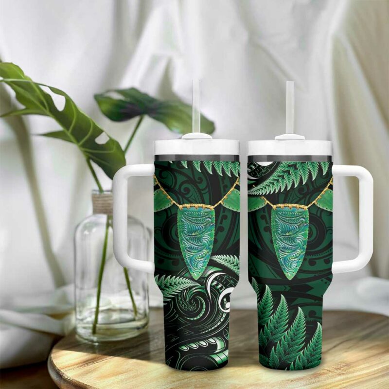 Aotearoa Pounamu Niho Silver Fern Mix Maori Green Custom Stanley Quencher 40oz Stainless Steel Tumbler With Handle - Threewoofs - Image 9