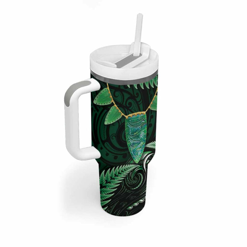 Aotearoa Pounamu Niho Silver Fern Mix Maori Green Custom Stanley Quencher 40oz Stainless Steel Tumbler With Handle - Threewoofs - Image 2