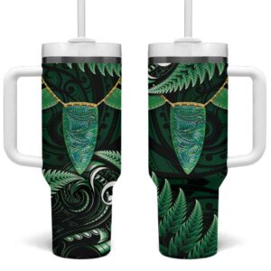 Aotearoa Pounamu Niho Silver Fern Mix Maori Green Custom Stanley Quencher 40oz Stainless Steel Tumbler With Handle - Threewoofs