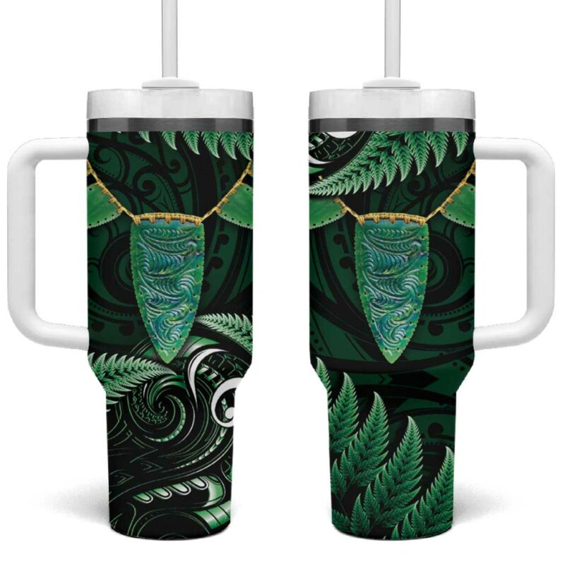 Aotearoa Pounamu Niho Silver Fern Mix Maori Green Custom Stanley Quencher 40oz Stainless Steel Tumbler With Handle - Threewoofs