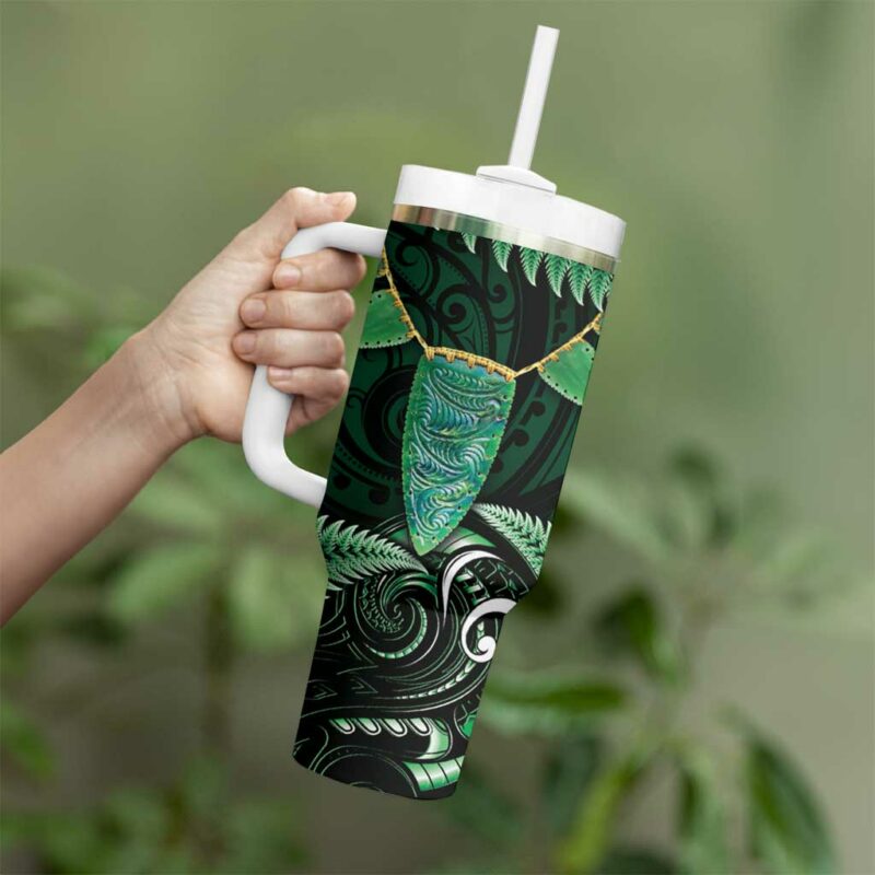 Aotearoa Pounamu Niho Silver Fern Mix Maori Green Custom Stanley Quencher 40oz Stainless Steel Tumbler With Handle - Threewoofs - Image 3