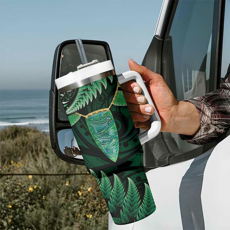 Aotearoa Pounamu Niho Silver Fern Mix Maori Green Custom Stanley Quencher 40oz Stainless Steel Tumbler With Handle - Threewoofs - Image 7