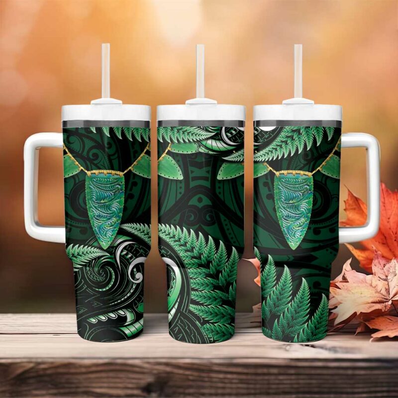 Aotearoa Pounamu Niho Silver Fern Mix Maori Green Custom Stanley Quencher 40oz Stainless Steel Tumbler With Handle - Threewoofs - Image 4