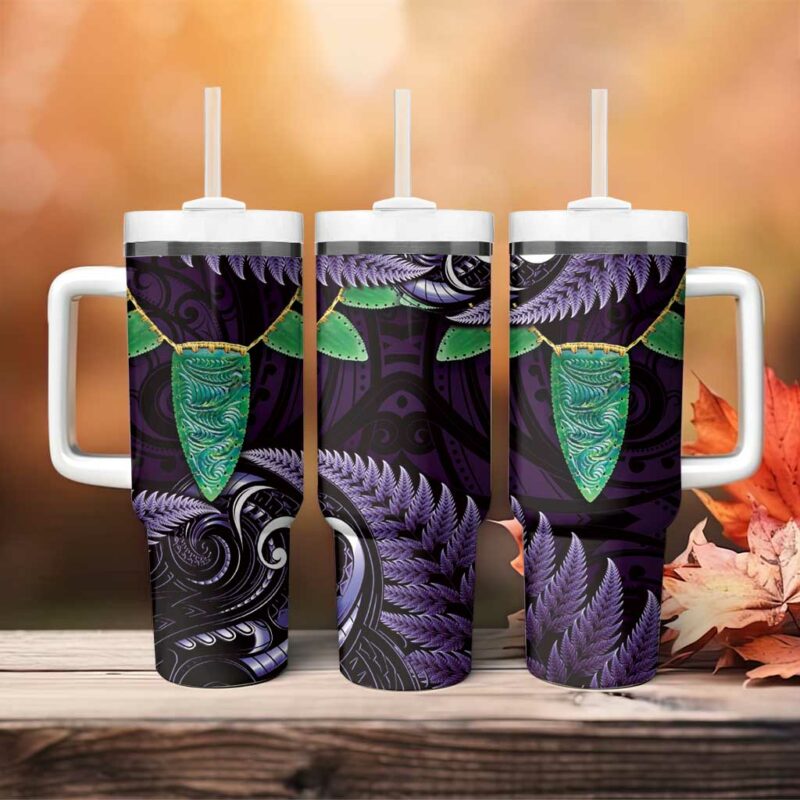 Aotearoa Pounamu Niho Silver Fern Mix Maori Purple Custom Stanley Quencher 40oz Stainless Steel Tumbler With Handle - Threewoofs - Image 4