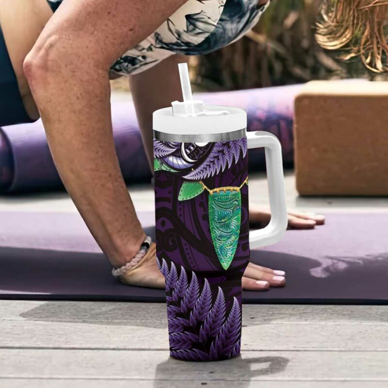 Aotearoa Pounamu Niho Silver Fern Mix Maori Purple Custom Stanley Quencher 40oz Stainless Steel Tumbler With Handle - Threewoofs - Image 6