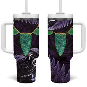 Aotearoa Pounamu Niho Silver Fern Mix Maori Purple Custom Stanley Quencher 40oz Stainless Steel Tumbler With Handle - Threewoofs