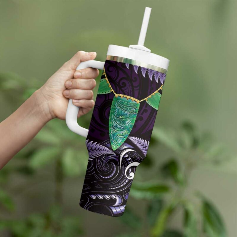 Aotearoa Pounamu Niho Silver Fern Mix Maori Purple Custom Stanley Quencher 40oz Stainless Steel Tumbler With Handle - Threewoofs - Image 3