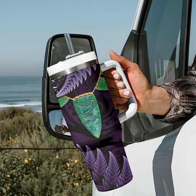 Aotearoa Pounamu Niho Silver Fern Mix Maori Purple Custom Stanley Quencher 40oz Stainless Steel Tumbler With Handle - Threewoofs - Image 7