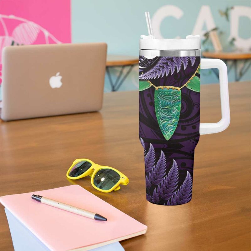 Aotearoa Pounamu Niho Silver Fern Mix Maori Purple Custom Stanley Quencher 40oz Stainless Steel Tumbler With Handle - Threewoofs - Image 5