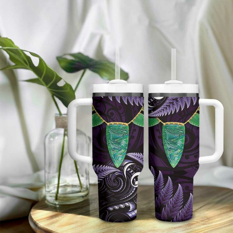 Aotearoa Pounamu Niho Silver Fern Mix Maori Purple Custom Stanley Quencher 40oz Stainless Steel Tumbler With Handle - Threewoofs - Image 9