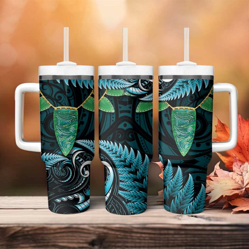 Aotearoa Pounamu Niho Silver Fern Mix Maori Turquoise Custom Stanley Quencher 40oz Stainless Steel Tumbler With Handle - Threewoofs - Image 4