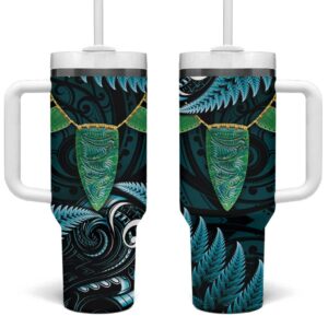 Aotearoa Pounamu Niho Silver Fern Mix Maori Turquoise Custom Stanley Quencher 40oz Stainless Steel Tumbler With Handle - Threewoofs
