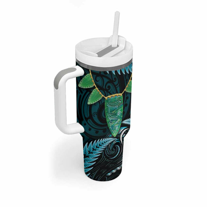 Aotearoa Pounamu Niho Silver Fern Mix Maori Turquoise Custom Stanley Quencher 40oz Stainless Steel Tumbler With Handle - Threewoofs - Image 2