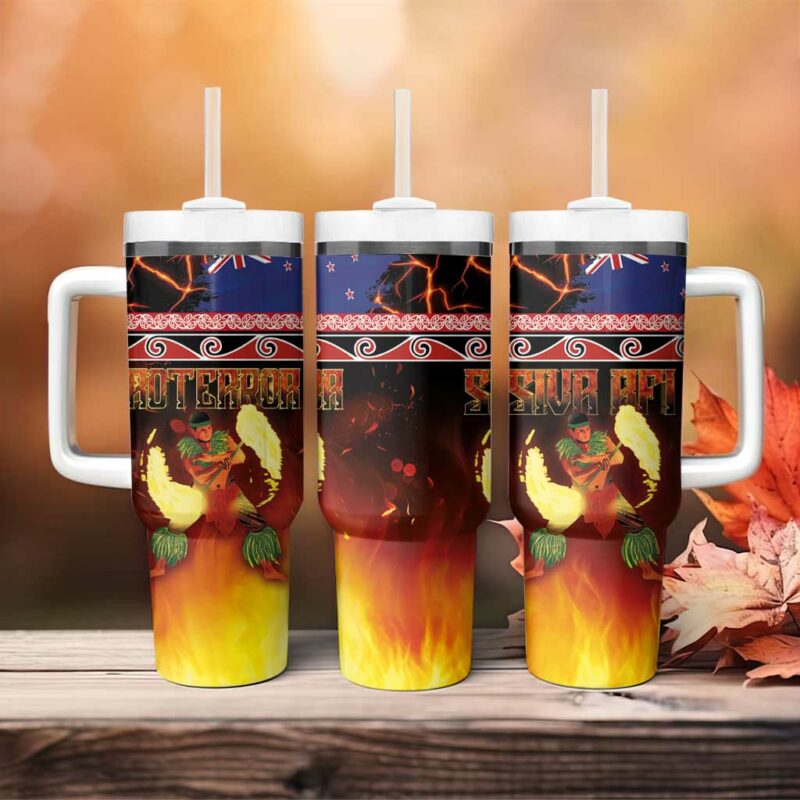 Aotearoa Siva Afi Tribal Performers of Aotearoa Fire Knife Dancing Custom Stanley Quencher 40oz Stainless Steel Tumbler With Handle - Threewoofs - Image 4