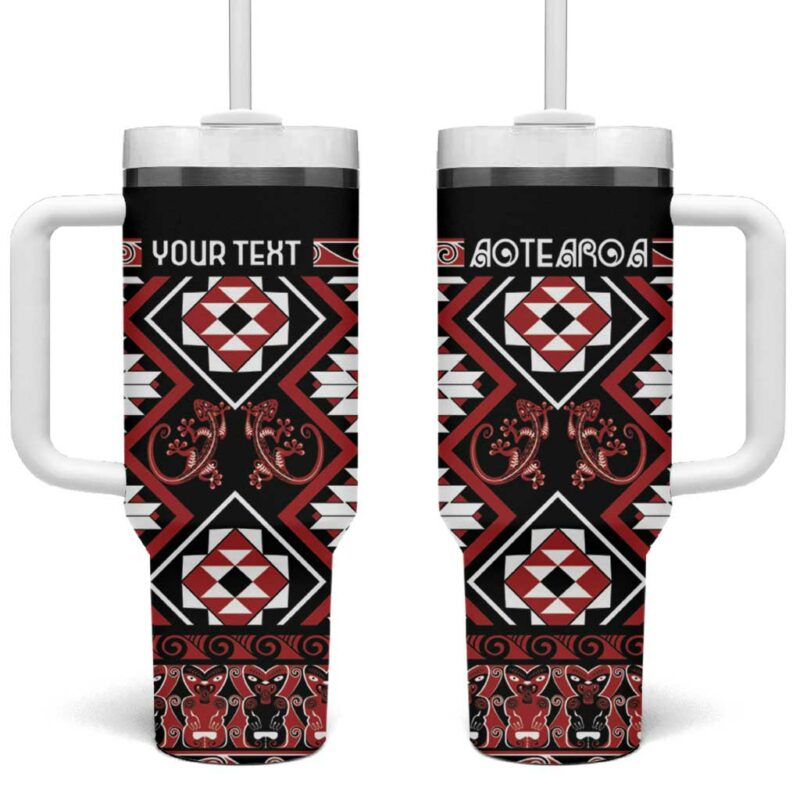 Aotearoa Waitangi Taniko Motifs Mania Gecko Custom Stanley Quencher 40oz Stainless Steel Tumbler With Handle - Threewoofs