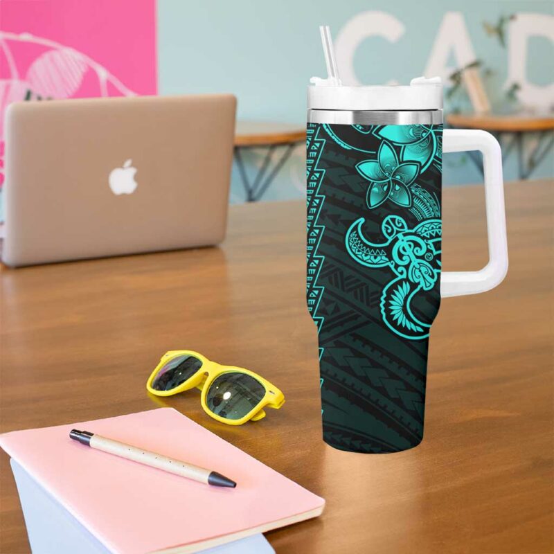 Aqua Hawaiian Kakau Turtle Polynesian Tribal Custom Stanley Quencher 40oz Stainless Steel Tumbler With Handle - Threewoofs - Image 5