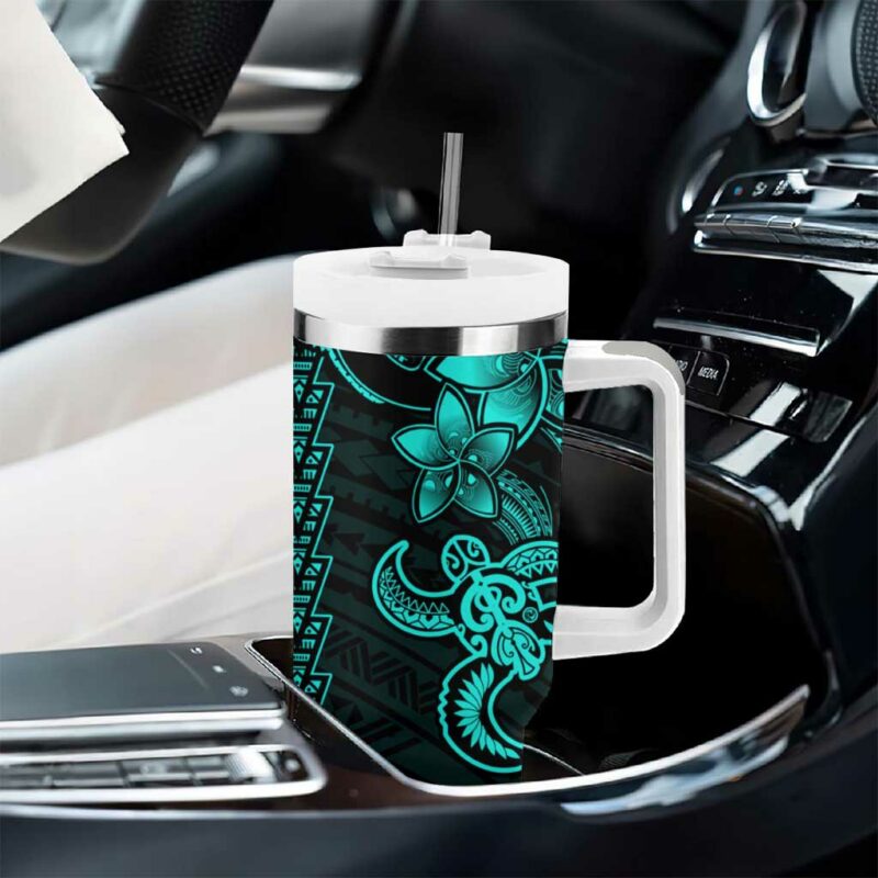 Aqua Hawaiian Kakau Turtle Polynesian Tribal Custom Stanley Quencher 40oz Stainless Steel Tumbler With Handle - Threewoofs - Image 8