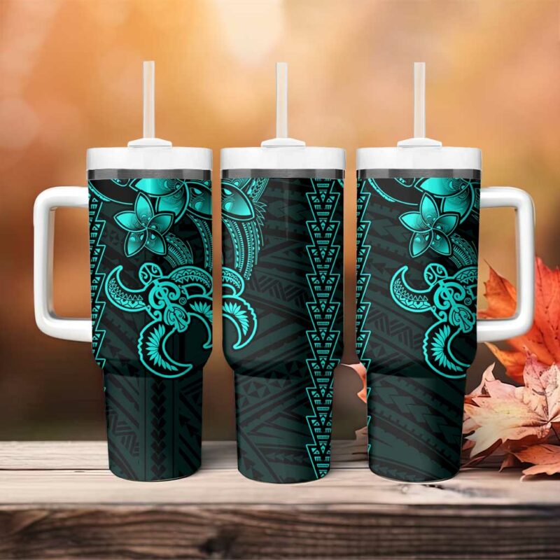 Aqua Hawaiian Kakau Turtle Polynesian Tribal Custom Stanley Quencher 40oz Stainless Steel Tumbler With Handle - Threewoofs - Image 4