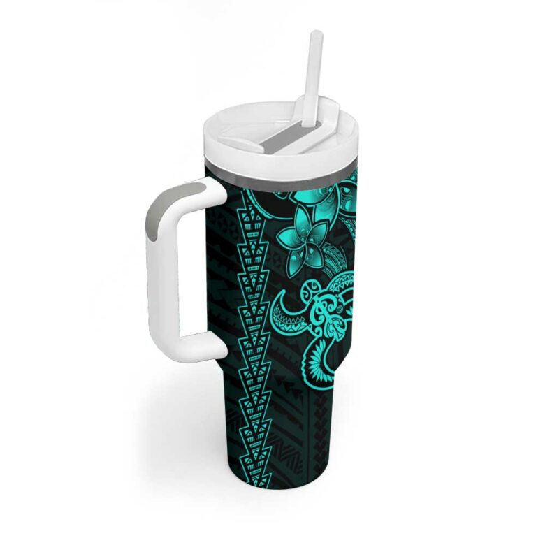 Aqua Hawaiian Kakau Turtle Polynesian Tribal Custom Stanley Quencher 40oz Stainless Steel Tumbler With Handle - Threewoofs - Image 2