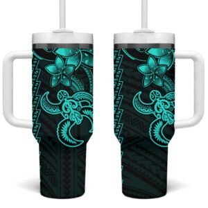 Aqua Hawaiian Kakau Turtle Polynesian Tribal Custom Stanley Quencher 40oz Stainless Steel Tumbler With Handle - Threewoofs