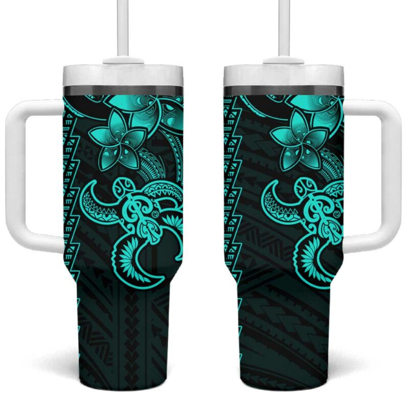 Aqua Hawaiian Kakau Turtle Polynesian Tribal Custom Stanley Quencher 40oz Stainless Steel Tumbler With Handle - Threewoofs